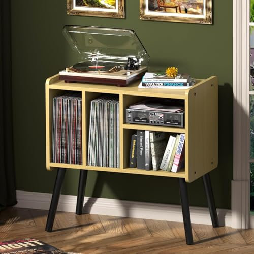 UODERS Record Player Table, Mid-Century Record Player Stand with Vinyl Storage Hold Up to 150+ Albums, Vinyl Record Cabinet with Adjustable Shelves, Wood Turntable Stand for Music Living Room (Walnut)
