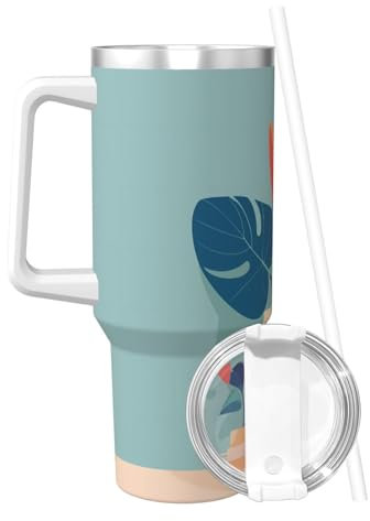 PHAYAH Tasse à café de voyage en bambou avec poignée et paille et couvercle à siroter en acier inoxydable avec couvercle à gorgée Bleu Orange 1,2 l