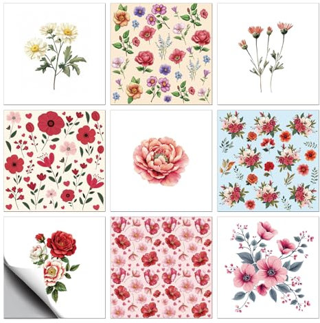 CHGCRAFT 18 Pz 9 Stile Fiori d'epoca Patten Adesivo per piastrelle Rose Margherite Adesivi per piastrelle da parete Impermeabile autoadesivo per cucina bagno parete arte decorazione 6×6 pollici