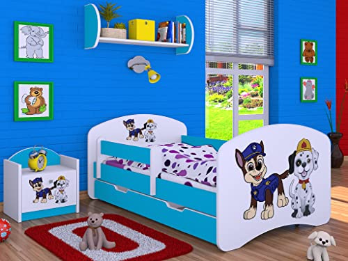 BDW - Kinderbett 190x90cm - Kinderbett mit Rausfallschutz, Matratze, Lattenrost und Schublade - Bett für Mädchen, Jungen - mit Stauraum - Bett Blau mit Motiv Superhund