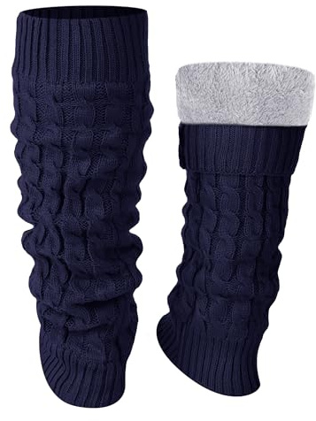 Shihanee Winter Fleece Lined Leg Warmers for Women Knit Long Leg Warmers Warm Fleece Lined Boot Socks for Skating Daily Wear, Navy Blue, One Size