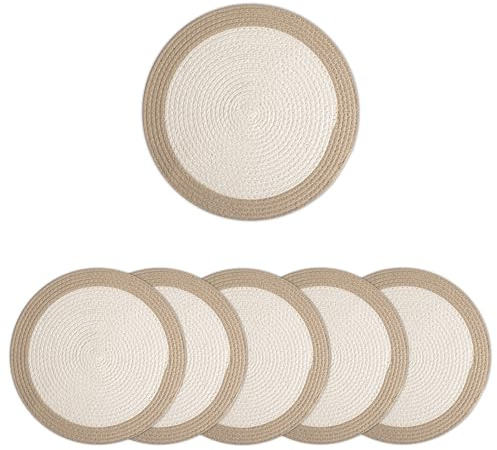 Encasa XO Runde Platzsets, Baumwolle Rippstil 32 cm | Handgefertigtes Spiralseil aus Baumwolle, gerippte Textur, rutschfester Hitzeschutz, maschinenwaschbar, 6 Stück