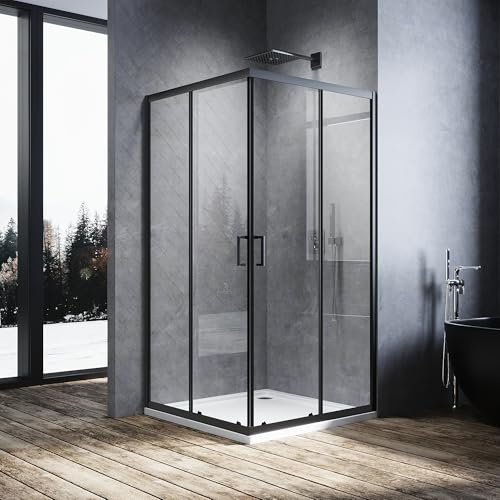 SUNXURY Eckeinstieg Duschkabine Schiebetür 5 mm ESG Schwarz 80x90 cm H195 | ESG-Sicherheitsglas,Schiebetüren,Schwarzer Aluminiumrahmen,hochwertigen Rollen,Platzsparend, ideal für kompakte Badezimmer