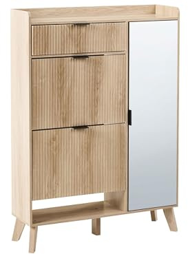 Beliani Storage Shoe Cabinet 2 Compartments 1 Additional Drawer MDF Engineered Wood Melamine With Mirror Light Brown Moonie