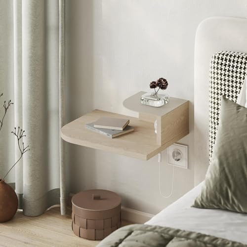 HOCUS PICUS Luno Wall Mounted Nightstand, Rounded Corners, Light Oak | 2-Tier Floating Shelf with Adjustable LED Reading Light, Wall Mounted Bedside Storage, 40x30x12cm
