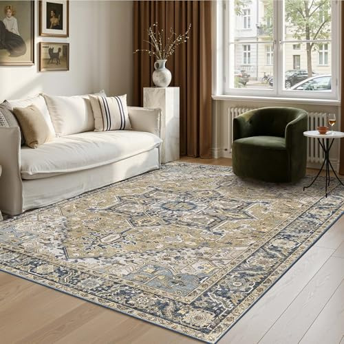 Kokia 140 x 200 cm Waschbarer Teppich in Blau mit Vintage-Oriental-Design, Weicher Wohn, Schlafzimmerteppich, rutschfest, Niedriger Flor, Fleckenbeständig, Gealtertes Medaillon-Muster, Großer Teppich