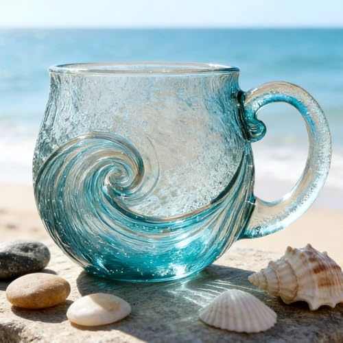 Sea Glass Wave Coffee Mug,12oz Ocean Wave Glass Mug with Handle,Unique Textured Beach Theme Mugs,Textured Sea Wave Design,Captivating Artistic Beach Theme Coffee Cups Gift for Drink and Coffee