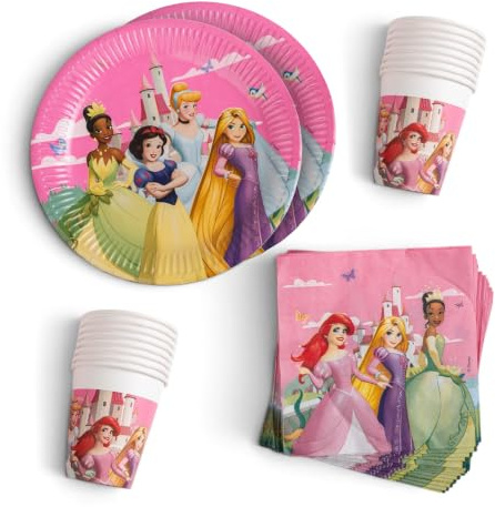 Procos - Decorazione di compleanno Principessa Disney Crea il tuo mondo, 52 pezzi, piatti, bicchieri e tovaglioli di carta per feste di compleanno per bambini, coordinati tavola per feste