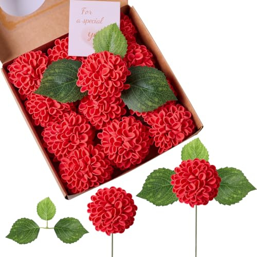 Sahoottie Rote Künstliche Blumen 12 Stück Dahlien Kunstblumen wie Echt 7.5cm Schaum Hortensie Rote Fake Blumen Deko für Vase Arrangements Centerpieces Hochzeits Zuhause Partytische