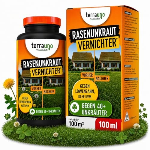 TerraUno Unkrautvernichter Rasen 100 ml, Flüssiges Unkrautvernichtungsmittel extra stark, gegen über 40 Unkräuter, Löwenzahn und Klee Vernichter, Rasenunkrautvernichter mit wurzeltiefer Wirkung