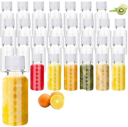 Bouteilles Jus Plastique Bouteilles en plastique graduées, petits shots de gingembre transparents, mini bouteille d'eau, jus sauce piquante à la vanille, 48 pièces, 2 oz