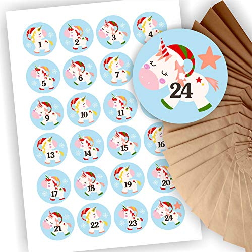 Adventskalender zum Befüllen 24 braune Geschenktüten Kraftpapiertüten + 24 weihnachtliche Aufkleber Papiertüte DIY Einhorn