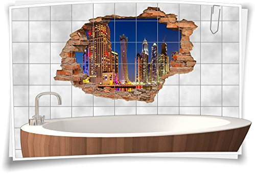 Medianlux Fliesenaufkleber Fliesenbild Wanddurchbruch Aufkleber Sticker Dubai Skyline City Night, 105x70cm, 15x20cm (BxH)
