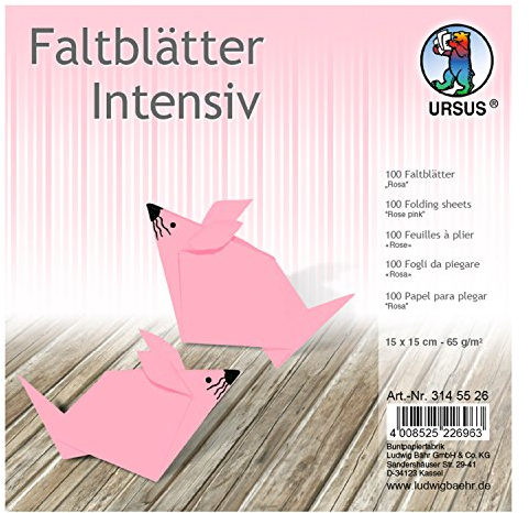 Ursus 3145526 - Faltblätter Uni intensiv, rosa, ca. 15 x 15 cm, 65 g/qm, 100 Blatt, aus Plakatpapier, durchgefärbt, für kleine und große Origami Künstler, ideal für vielseitige Bastelarbeiten
