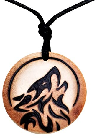 Howling Wolf Mens Necklace Handmade Wooden Pendant on an Adjustable Black Cord Choker