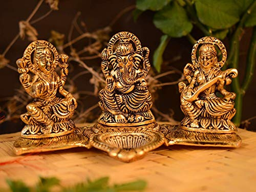Collectible India Dekofigur Indien, Laxmi Ganesha sitzende Diya Statue – Puja Diya – Lakshmi Ganesh Saraswati Showpiece Öllampe Diya Dekoration