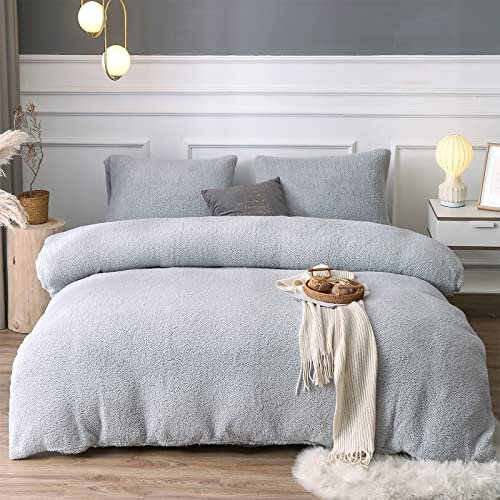 EDS Teddy Fleece King Size Duvet Cover Sets Supersoft Fluffy Thermal Warm Luxury Quilt Cover Bedding Set with Pillow Cases (King, Silver)