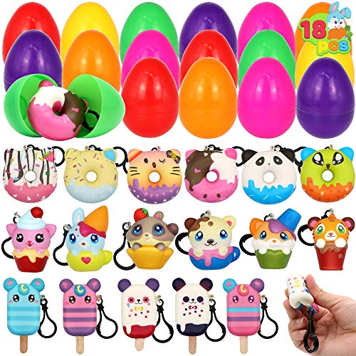 JOYIN 18 Pcs Prefilled Mochi Squishy Toys Keychain for Kids, Desserts Food Slow Rising Stress Relief Fidget for Easter Egg Hunt Basket Stuffers Fillers Party Favor