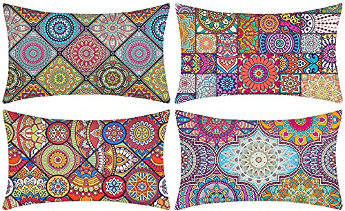 DakTou 4er Set Deko Kissenhülle 30x50cm Boho Mandala Hippie Kissenhülle Ausgefallene Muster Zierkissenbezug Baumwolle Leinen kissenbezüge für Sofa Wohnzimmer Schlafzimmer Auto