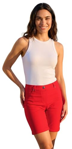 Roman Stretch Shorts for Women UK Ladies Pull On Turned Hem Cut Off Bengaline Mom Boyfriend Boy Denim Casual Cropped Pants Capri Slim Fit Turn Up Summer Crops Mother - Red - Size 14