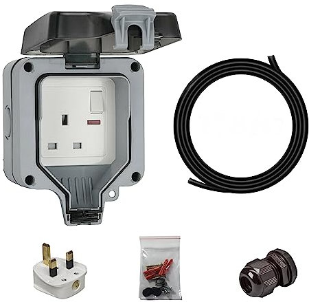 Single Waterproof Outside Plug Socket with 3M Extension Cable IP66 Single 1 Gang Weatherproof Switched Plug Socket Enclosure Box 13A Outside Wall Plug Electrical Outlet Sockets