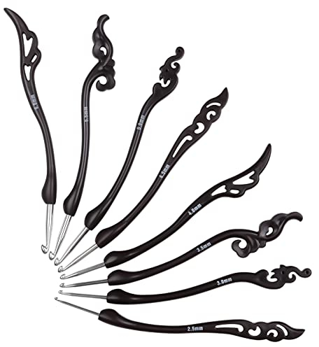 Aeelike Vintage Dunkelbraun Häkelnadel Set für Arthritische Hände, 8 Stück Ergonomische Häkelnadeln Einzigartig Lang Griff, 2,5-6 mm Gebogene Häkelnadeln Set für Anfänger, Kinder, Erwachsene, Profis