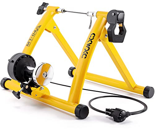 CXWXC Fahrrad Rollentrainer, Klappbar Stahl Bike Trainer mit Schnellspanner Vorderradunterlage Radtrainer für 26-29 Zoll Fahrradtraining Fahrradfahren Zuhause Indoor (26-29, Gelb)
