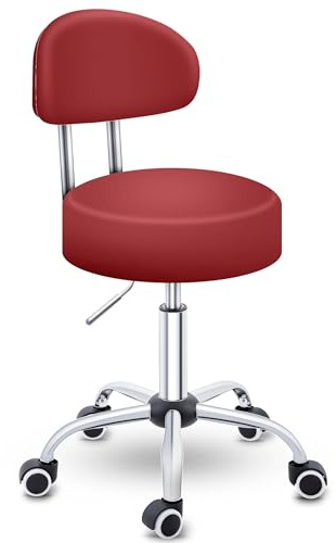 TRESKO® Taburete rodante con Respaldo | Silla de Trabajo Regulable en Altura 46-58 cm | Silla giratoria con Ruedas | Silla de Oficina cosmética (Burdeos)
