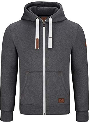 GYMAMBA Warme Sweatjacke Herren mit Lederpatches, Kapuze und durchgängigem Reißverschluss dunkelgrau/weiß