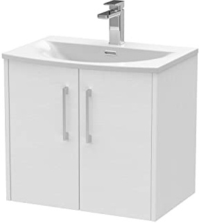 Hudson Reed JNU2123G Juno Modern Bathroom Wall Hung 2-Door Vanity with Curved Ceramic Basin, 600mm, Woodgrain White Ash