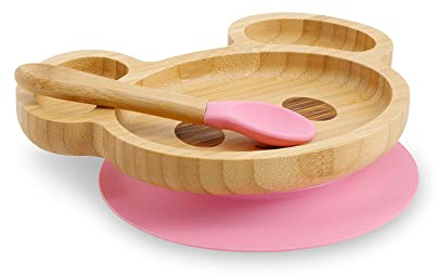 GREENBOX Bambus-Teller-Set Maus I Saugnapf-Teller mit Löffel - FSC-zertifiziert I süßes Bambus Holz-Schüssel-Set Kleinkind - Kinder-Teller & Snack-Schale I Baby Bambus-Geschirr pink