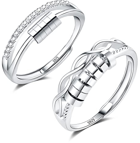 Cangall Silber Anxiety Rings, 2PCS 925 Sterling Silber Anti Stress Ringe Set, Offen verstellbar Silber Damen Angst Ringe Silber 925, Unendlichkeit Spinner Fidget Ringe Stimmungsring mit 5/7 Perlen