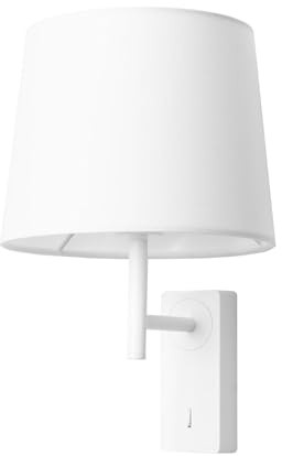 Aura - Aplique de Pared para Dormitorio E27 con Interruptor ON/OFF en la Base. Color Blanco con Pantalla de Textil
