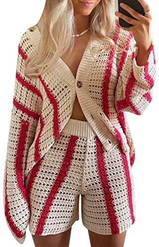 Gihuo Damen Y2K 2-teiliges Strick-Outfits, gestreifter Pullover, Shorts, Set mit Farbblock, langärmelig, Button-Up-Shirts, Shorts, Rot/Ausflug, einfarbig (Getaway Solids), S