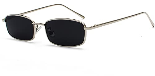 Ggpyyon Vintage Rechteckig Sonnenbrille für Damen Herren,Retro Schmale Brille UV-Schutz Sunglasses(Silber/Grau)