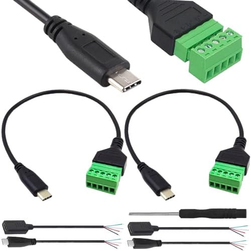 DKARDU USB C Screw Terminal Block Cable, Type C Male/Female to 5 Pin Terminal Block Charging and Data Transfer Adapter Extender Cord, with Male/Female USB C to Bare Wires, Screwdriver (5 Pack)