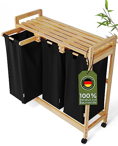 AMBIAVO® Wäschekorb 3 Fächer mit Rollen [schwarz, 100% Baumwolle, Bambus, 90 l Volumen] | Wäschesammler für Schmutzwäsche| Wäsche Sortiersystem | Wäschesortierer Holz | Wäschebox | laundry baskets