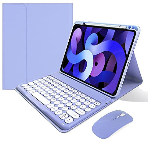 KMXDD iPad 10th Generation Keyboard Case with Bluetooth Mouse Round Key Cute iPad 10 Removable Color Keyboard Cover (Purple)