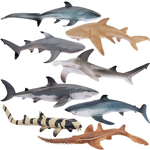 TOYMANY 8 Stück Hai Tiere-Figuren Set Ocean Spielfiguren Hai Spielzeug Meerestierfiguren mit Hammerhai, Weißer Hai, Zitronenhai, Badewannenspielzeug für Kinder, zum Spielen oder als Deko