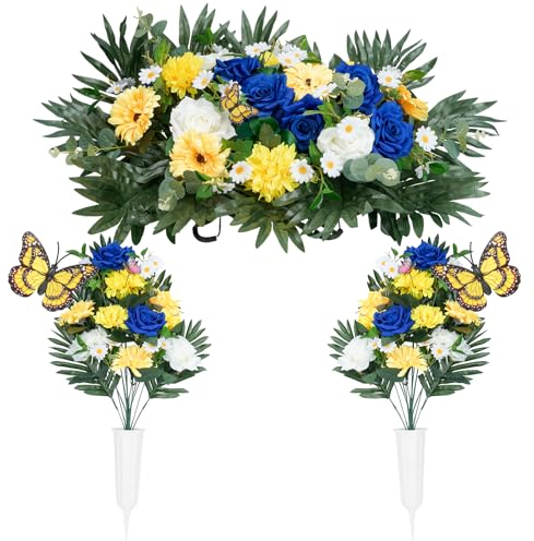 Baoz Friedhofsblumensättel, Seide, künstliche Blume für Grabstein, Blumenstrauß, Dekoration, realistische, lebendige Wildblumen, farbecht, für den Außenbereich, künstliche Blume, Schmetterling, Set