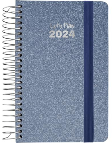 Grafoplás | Tagesplaner A6 | 2024 | Spanisch | 10,5 x 16,5 cm | Hardcover | metallisierter Stoffbezug | elastischer Verschluss | Arctic Blue | Serie Metallic