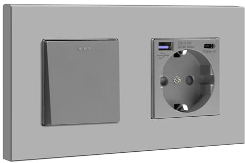 BSEED Interruptor de luz con Enchufe,Enchufe USB C,carga rápida 20 W,Interruptor de botón de 1 Gang 1 Vía con Enchufe Schuko Empotrado, Interruptor de pared con enchufe USB/tipo C con marco de PC,Gris