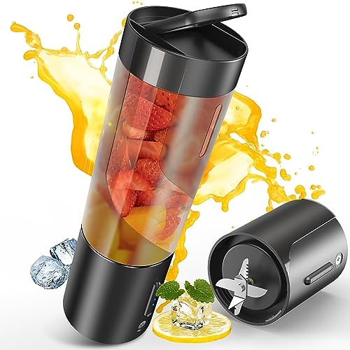 Batidora Portátil Recargable con 6 Cuchillas 3D - 4000 mAh Hasta 20 Usos por Carga - Batidora de Vaso Portátil 450ml Compacta - Licuadora Mini Pequeña - Liquidificador Batidos, Smoothies (Negro)