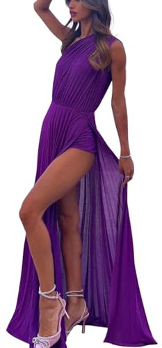 Generico Abito Donna Lungo Mono Spalla Spacco Alto Plissé Lurex Sensuale Elegante Viola/Taglia Unica