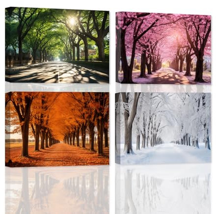 ZXHYWYM Vier Jahreszeiten Bild Baum Wald Leinwanddrucke Frühling Sommer Herbst Winter Landschaftsmalerei 4 Stück Naturlandschaft Kunstwerk Wanddekoration mit Rahmen (20x30cmx4)