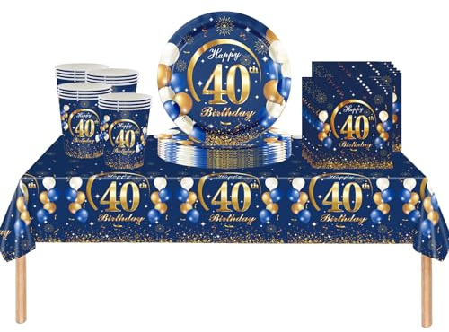 ATBEAMEN 53Pcs Navy Blue Happy 40th Birthday Party Tableware Plastic Table Cloth,Paper Plates,Napkins and Cups for Man Decorations Disposable Set Adults Party,(ATB-SStableware)