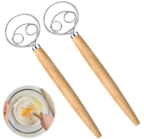 Yuqilin 2 Pièces Fouet à Pâte,13 Poucesouet Fouet Danois en Boisen Inox Doubles Trous pour un Mélange Rapidefouet à Pâte à Pain,Convient pour Cuire du Pain dans la Cuisine