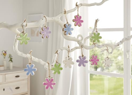 12x Dekohänger Blumen aus Mango-Holz, bunt lackiert, Hängedeko, Fensterdeko zum Aufhängen, Frühlingsdeko hängend, Flowers