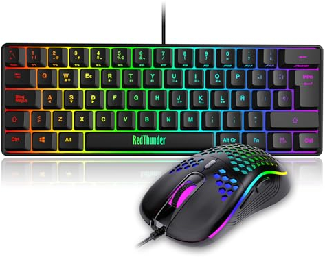 RedThunder Mechanische Gaming-Tastatur, 60 %, dynamische RGB-Hintergrundbeleuchtung, leichte Handy-Maus mit 7200 dpi, ultra-kompakte Tastatur mit 62 Anti-Ghosting-Tasten, QWERTY-Layout, für