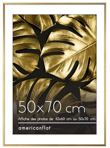 Americanflat Cadre Photo Aluminium 50x70 cm Doré - Cadre 42x60 cm avec Passe-Partout ou 50x70 cm sans Passe-Partout – Verre Plexiglas, Matériel de Suspension Mural Intégré